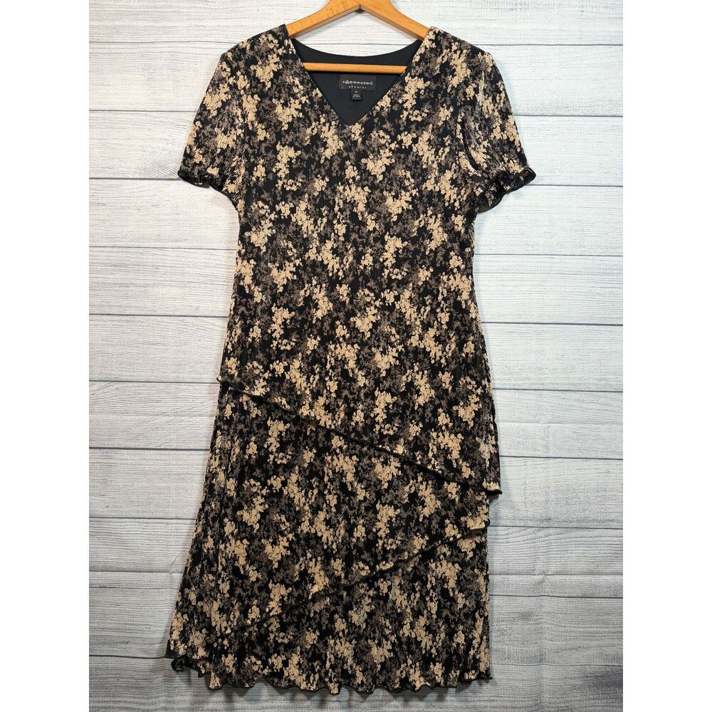 Connected Apparel Women's 14 Black Gold Floral Tiered Midi Dress 4346